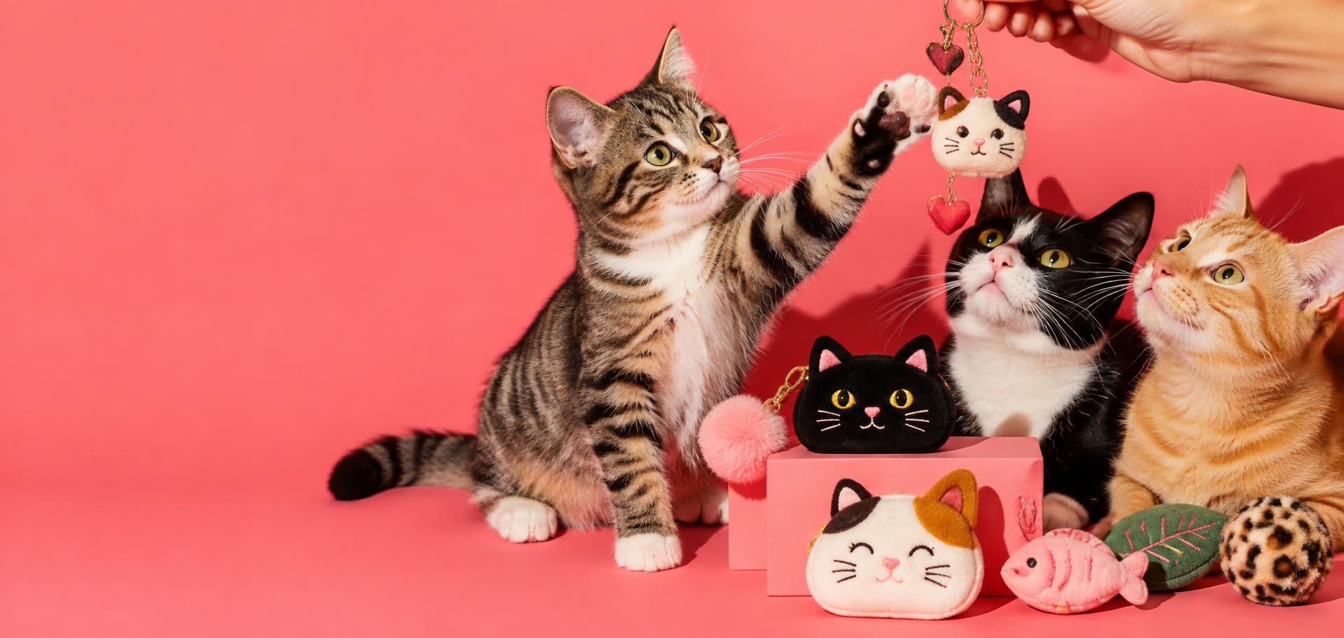 Gatos brincando com chaveiros e acessórios coloridos